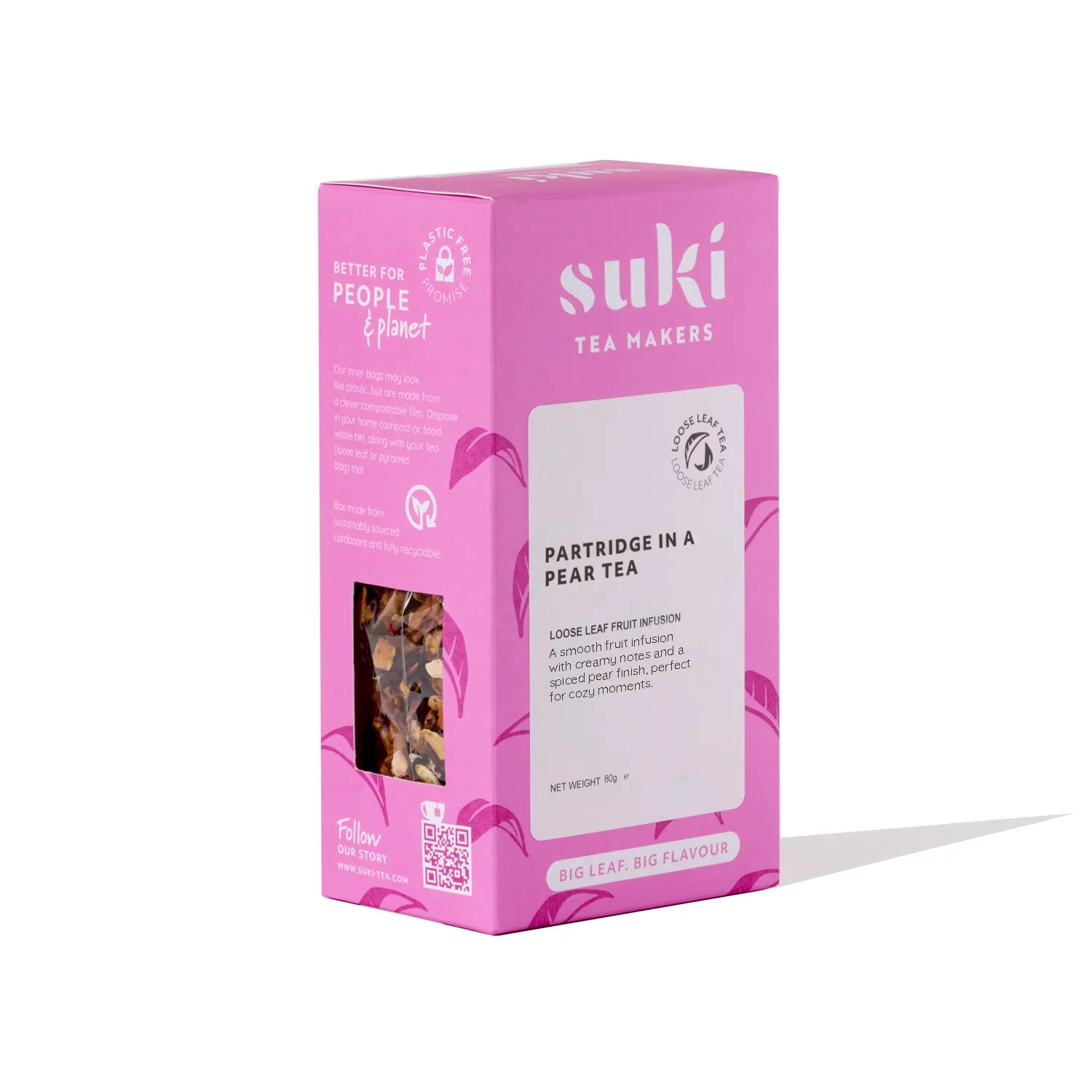 Herbata owocowa Partridge in a Pear Tea SUKI Tea 80g – różowe opakowanie herbaty liściastej z gruszką i przyprawami korzennymi, organiczna mieszanka owocowa premium.
