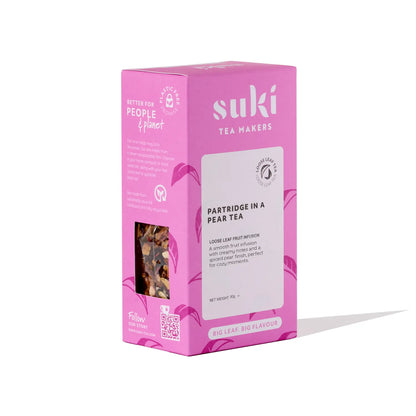 Herbata owocowa Partridge in a Pear Tea SUKI Tea 80g – różowe opakowanie herbaty liściastej z gruszką i przyprawami korzennymi, organiczna mieszanka owocowa premium.