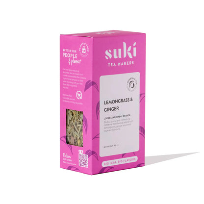 Herbata ziołowa Lemongrass & Ginger SUKI Tea 80 g – sypana mieszanka trawy cytrynowej, imbiru i mięty, bezkofeinowa i orzeźwiająca