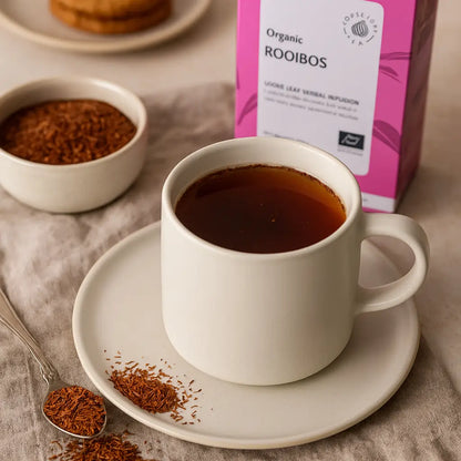 Herbata ziołowa Organic Rooibos SUKI Tea – filiżanka naparu rooibos na spodku, obok łyżeczka i miseczka z suszem, w tle różowe opakowanie herbaty, ciepła sceneria lifestyle.