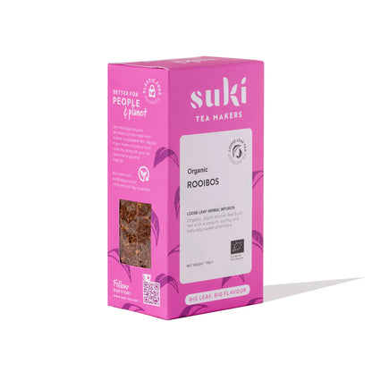 Herbata ziołowa Organic Rooibos SUKI Tea 100g – organiczna herbata czerwonokrzewowa z RPA w różowym opakowaniu, liściasta, bezkofeinowa, o naturalnie słodkim smaku.