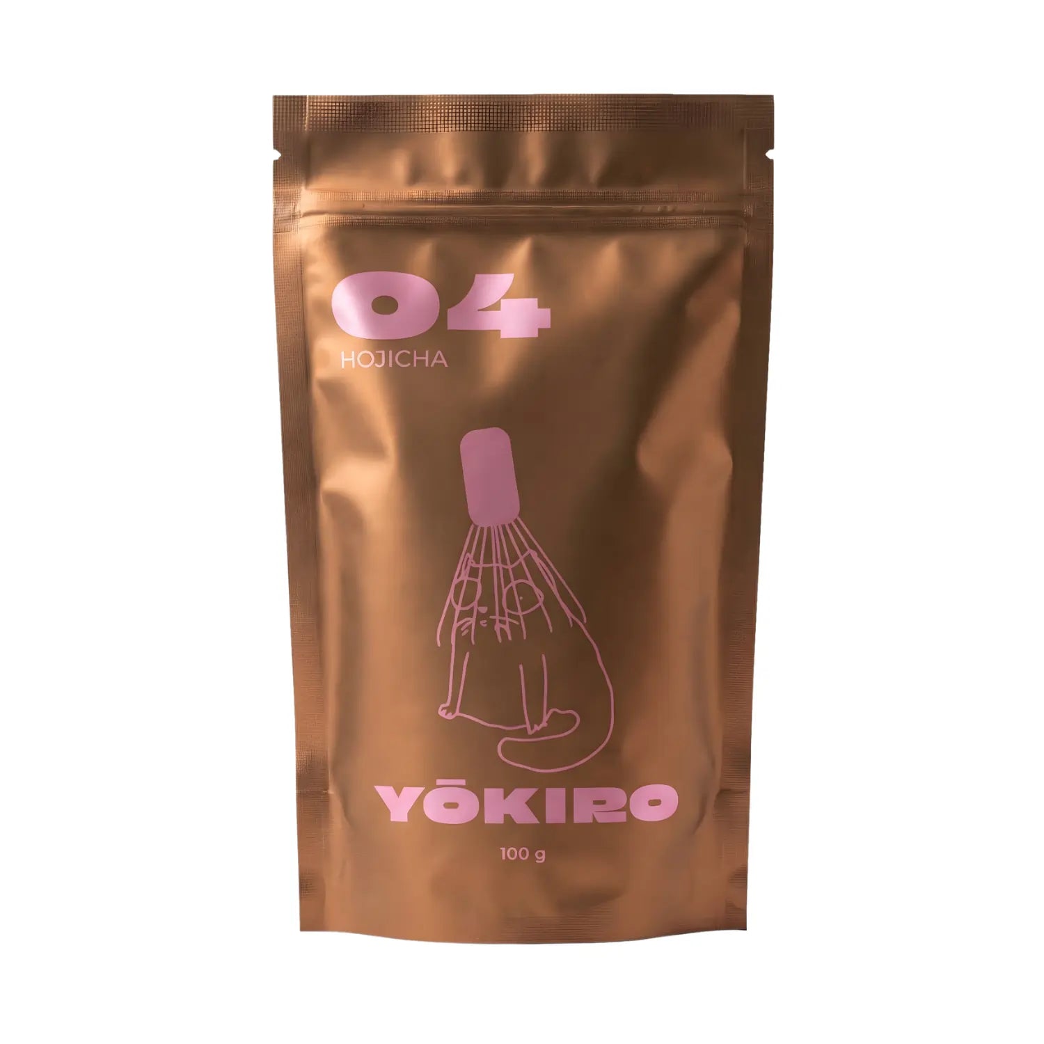 Hojicha Yōkiro 100 g – prażona japońska zielona herbata hojicha w brązowym, minimalistycznym opakowaniu typu doypack z ilustracją chasenu