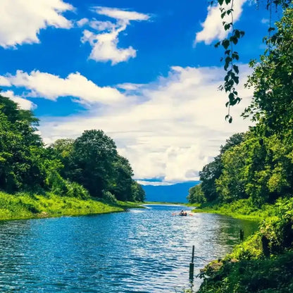 Tropikalny krajobraz Hondurasu z rzeką otoczoną zielonym lasem i górami w tle, słoneczny dzień