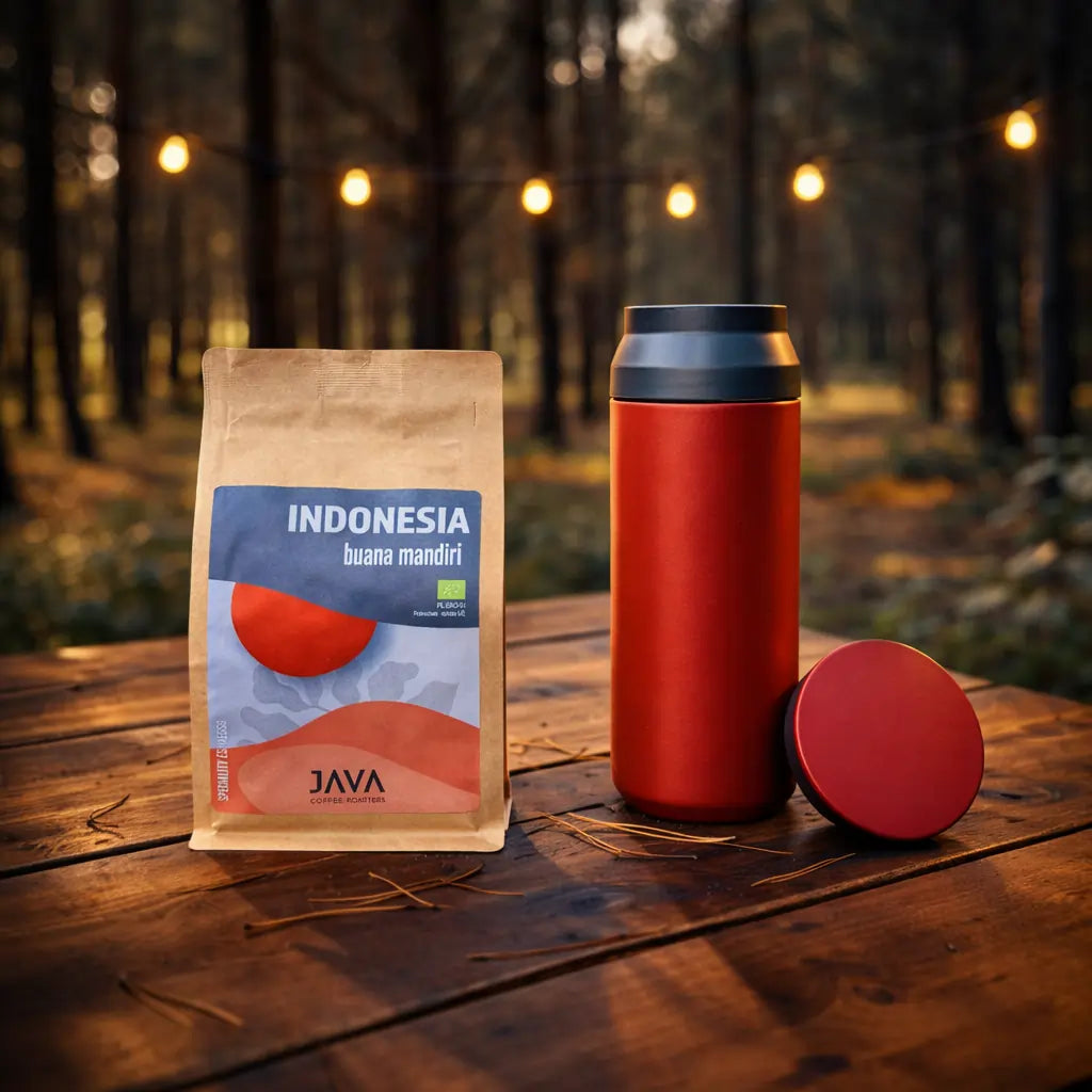 Kawa Specialty Indonesia Buana Mandiri JAVA Coffee – opakowanie kawy i kubek termiczny w leśnym plenerze
