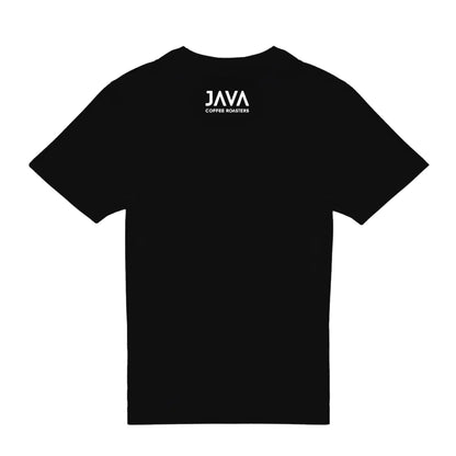 Czarna koszulka JAVA Coffee Roasters z logo na plecach – widok tyłu, minimalistyczny branding