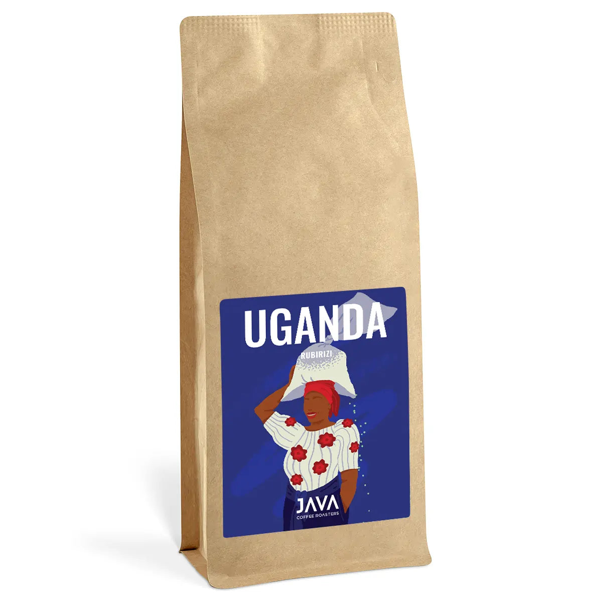 JAVA Coffee Roasters Uganda Rubirizi 1 kg – kawa specialty 100% Arabica w ziarnach, świeżo palona, opakowanie kraft na białym tle.