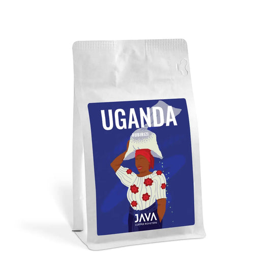 JAVA Coffee Roasters Uganda Rubirizi 250 g – kawa specialty 100% Arabica w ziarnach, jasno palona, opakowanie na białym tle.
