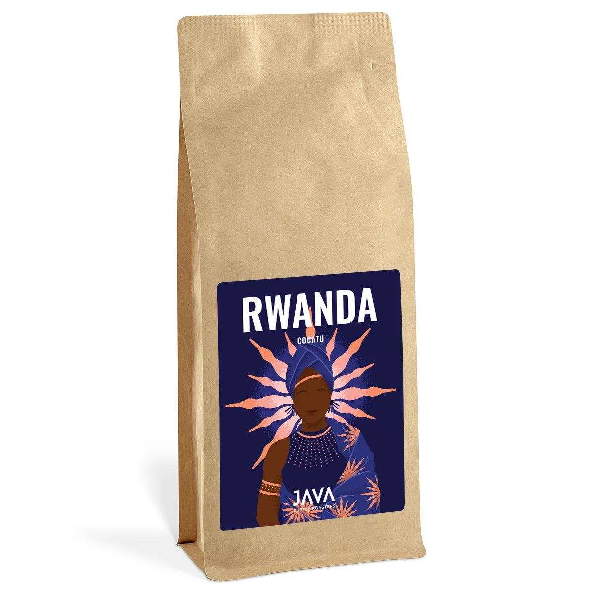 Packshot opakowania 1 kg kawy specialty Rwanda Cocatu od JAVA Coffee Roasters na białym tle. Zdjęcie produktowe prezentuje autorską etykietę, opakowanie do sprzedaży online oraz kawę specialty do metod przelewowych.