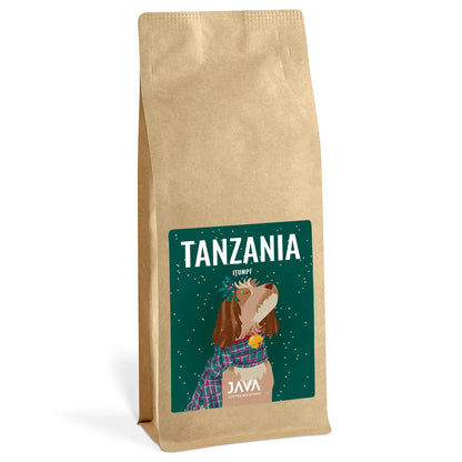 Packshot kawy ziarnistej JAVA Coffee Tanzania Itumpi 1kg w naturalnym kraftowym opakowaniu z ilustracją psa.