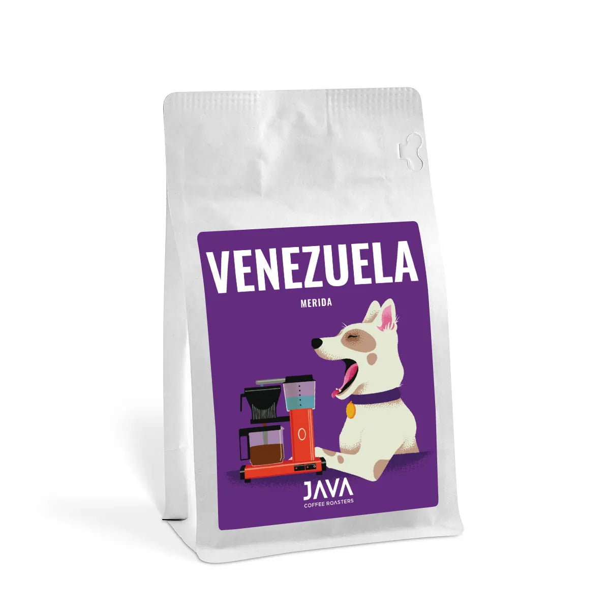 Kawa ziarnista Venezuela Merida 250g JAVA Coffee Roasters – opakowanie białe z etykietą i ilustracją psa