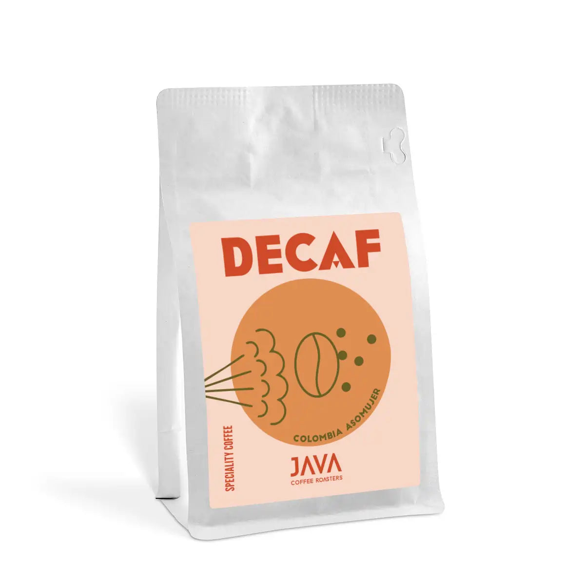 Kawa bezkofeinowa Java Coffee Roasters Decaf Colombia Asomuier 250g w białym opakowaniu na białym tle