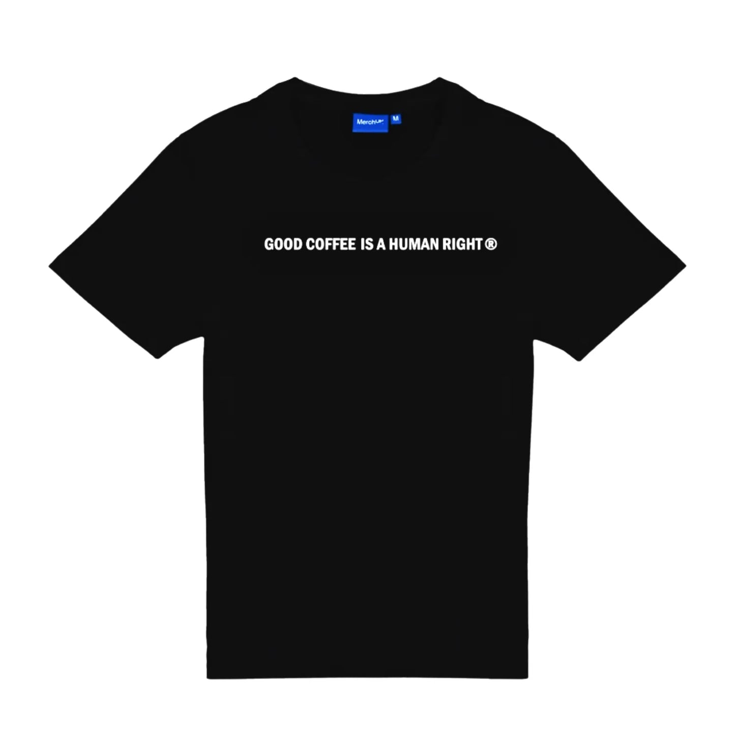 Czarna koszulka JAVA Coffee z napisem Good Coffee Is a Human Right – widok z przodu, minimalistyczny design