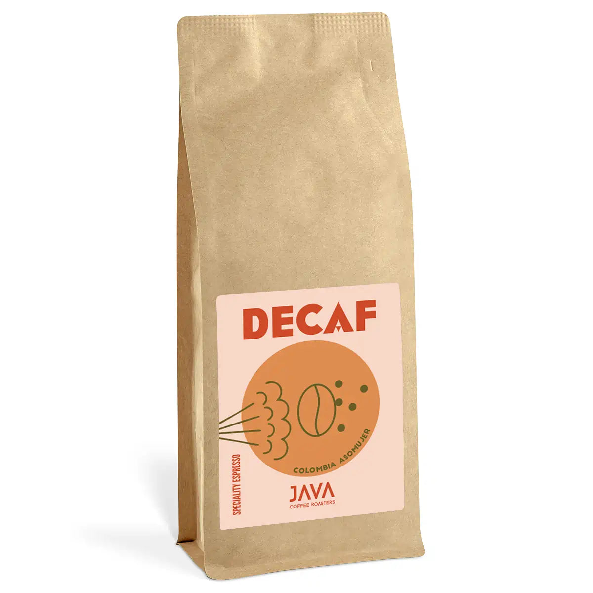 Kawa bezkofeinowa Java Coffee Roasters Decaf Colombia Asomuier 1kg Specialty Espresso w brązowym opakowaniu na białym tle