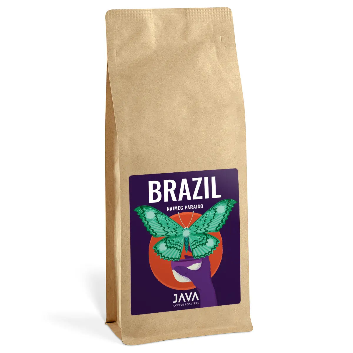 Brązowa torebka kawy Java Coffee Roasters „Brazil Naimeg Paraiso” z fioletową etykietą, na której znajduje się zielony motyl, pomarańcz i fioletowa dłoń trzymająca filiżankę.