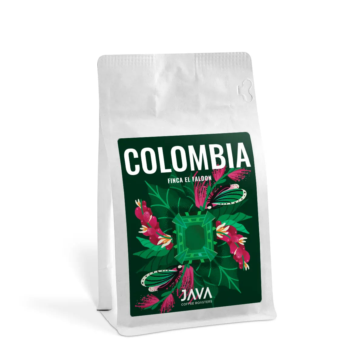 Biała torebka kawy specialty z etykietą 'Colombia Finca El Faldón' na zielonym tle, ozdobioną ilustracją liści, kwiatów i geometrycznego wzoru. Produkt marki Java Coffee Roasters, sfotografowany na białym tle