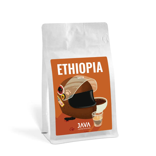 Opakowanie kawy ziarnistej Ethiopia Gatta od JAVA Coffee Roasters – biała torebka 250 g z ilustracją filiżanki, kawa specialty z Etiopii