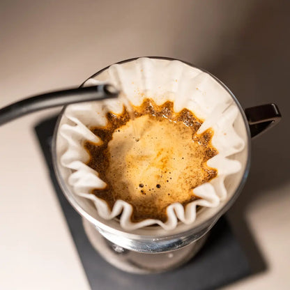 Parzenie kawy metodą przelewową w dripperze z filtrem papierowym – zbliżenie na fazę bloomingu

