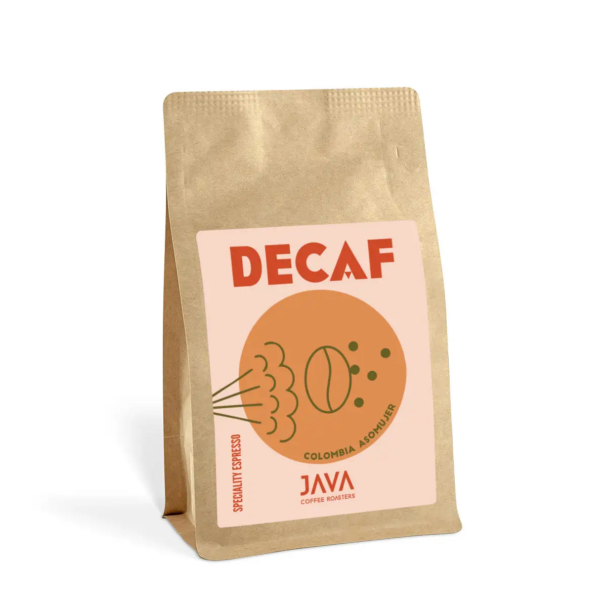 Kawa bezkofeinowa Java Coffee Roasters Decaf Colombia Asomuier 250g Specialty Espresso w brązowym opakowaniu na białym tle