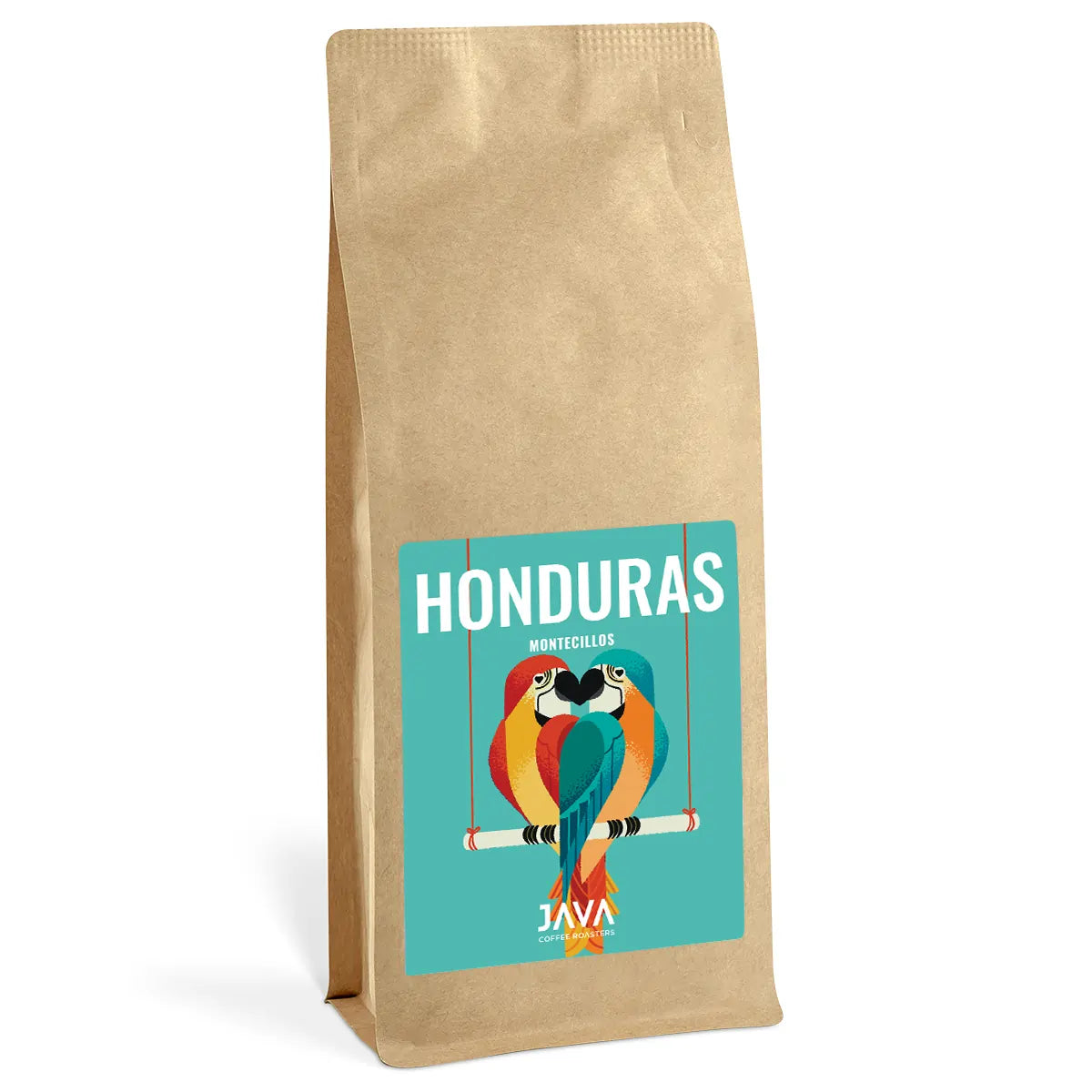 Kawa ziarnista Java Honduras Montecillos 1kg w brązowym opakowaniu, packshot na białym tle