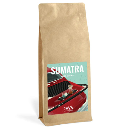 Kawa specialty Sumatra Asman Gayo Mill 1 kg – opakowanie JAVA Coffee Roasters w papierowej torbie z autorską etykietą