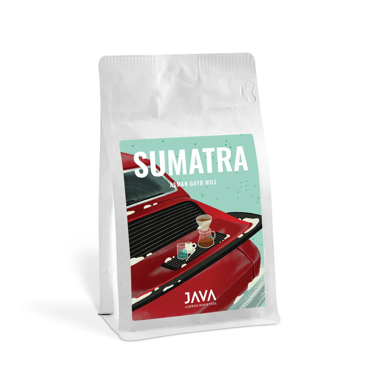 Kawa specialty Sumatra Asman Gayo Mill 250 g – opakowanie JAVA Coffee Roasters z białą torbą i autorską etykietą
