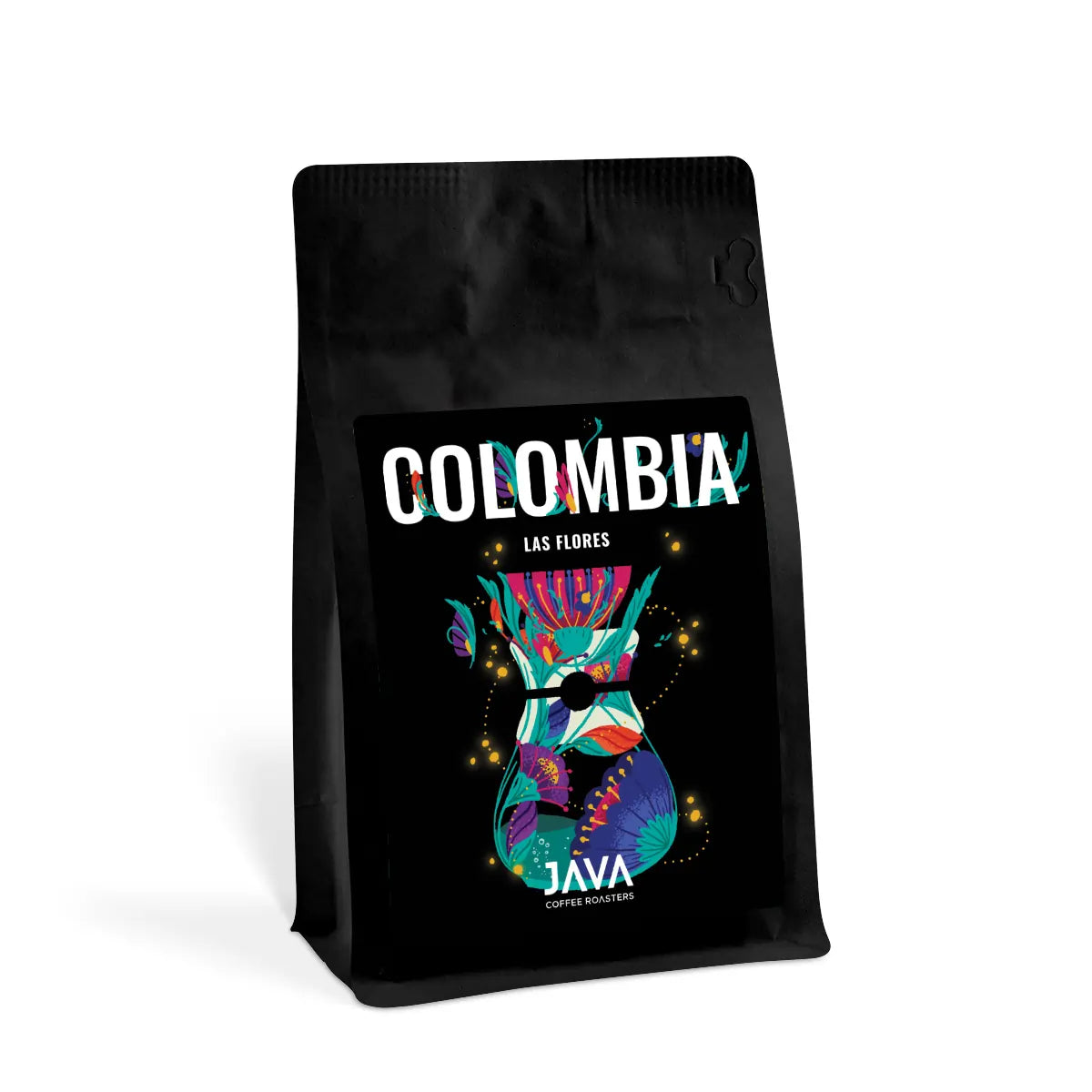 Kawa ziarnista Colombia Las Flores JAVA Coffee opakowanie packshot na białym tle