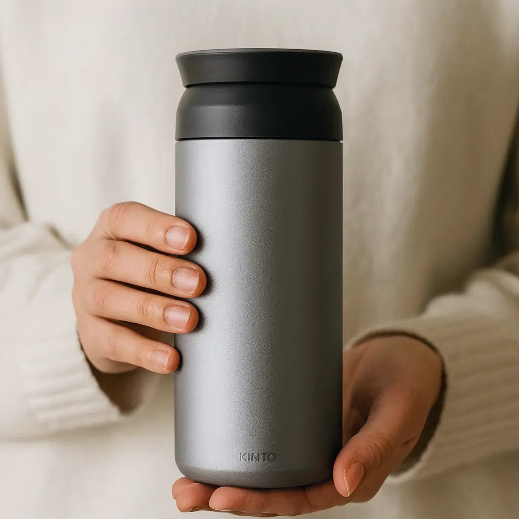 Kubek termiczny Kinto w kolorze srebrnym, trzymany w dłoniach, minimalistyczne zdjęcie lifestyle