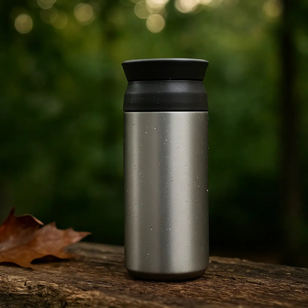 Kubek termiczny Kinto Travel Tumbler Silver 500 ml ustawiony na drewnianej powierzchni w plenerze, w otoczeniu zieleni i jesiennego liścia – zdjęcie lifestyle.