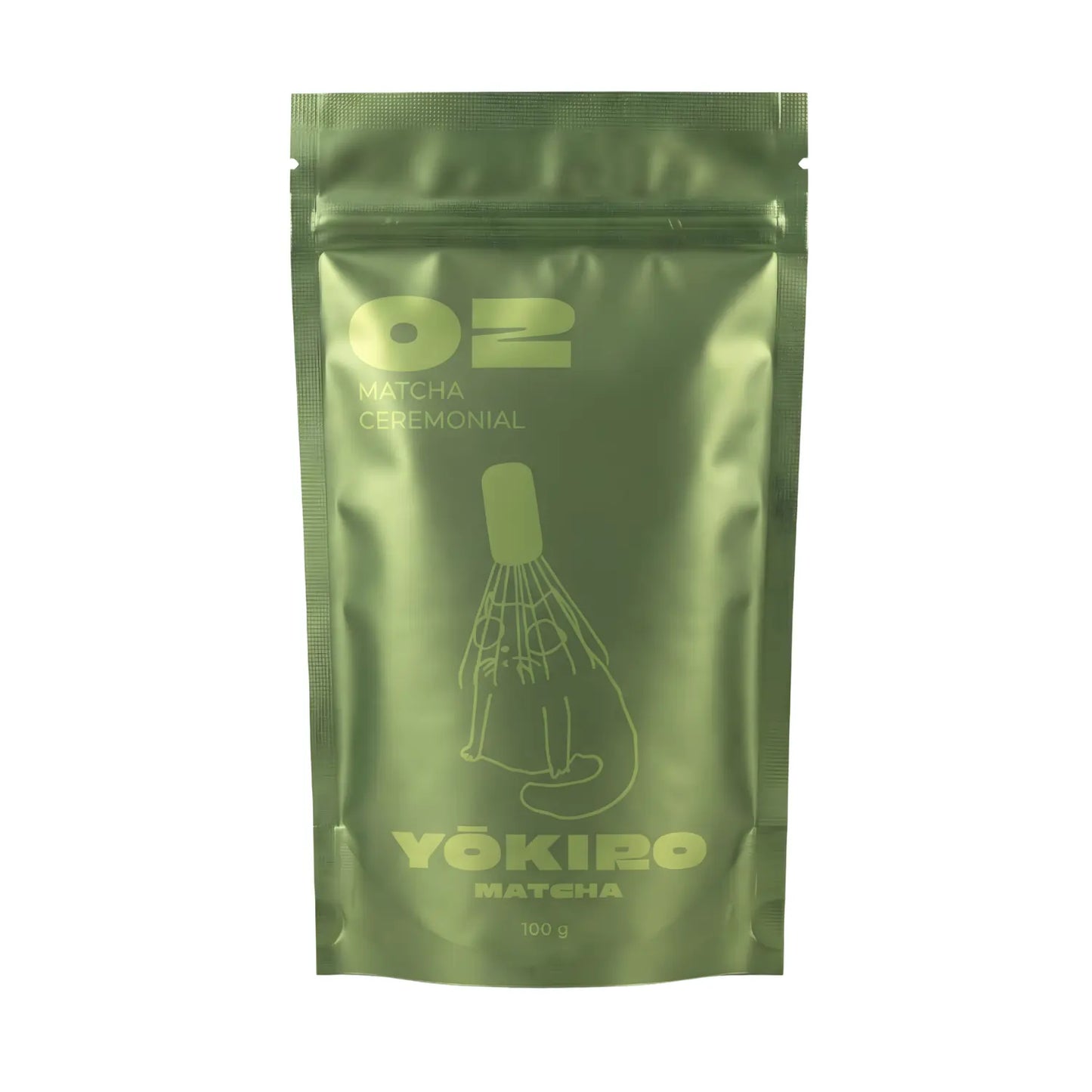 Matcha Ceremonial Yōkiro 100 g – ceremonialna japońska matcha w zielonym opakowaniu typu doypack z minimalistyczną ilustracją chasenu