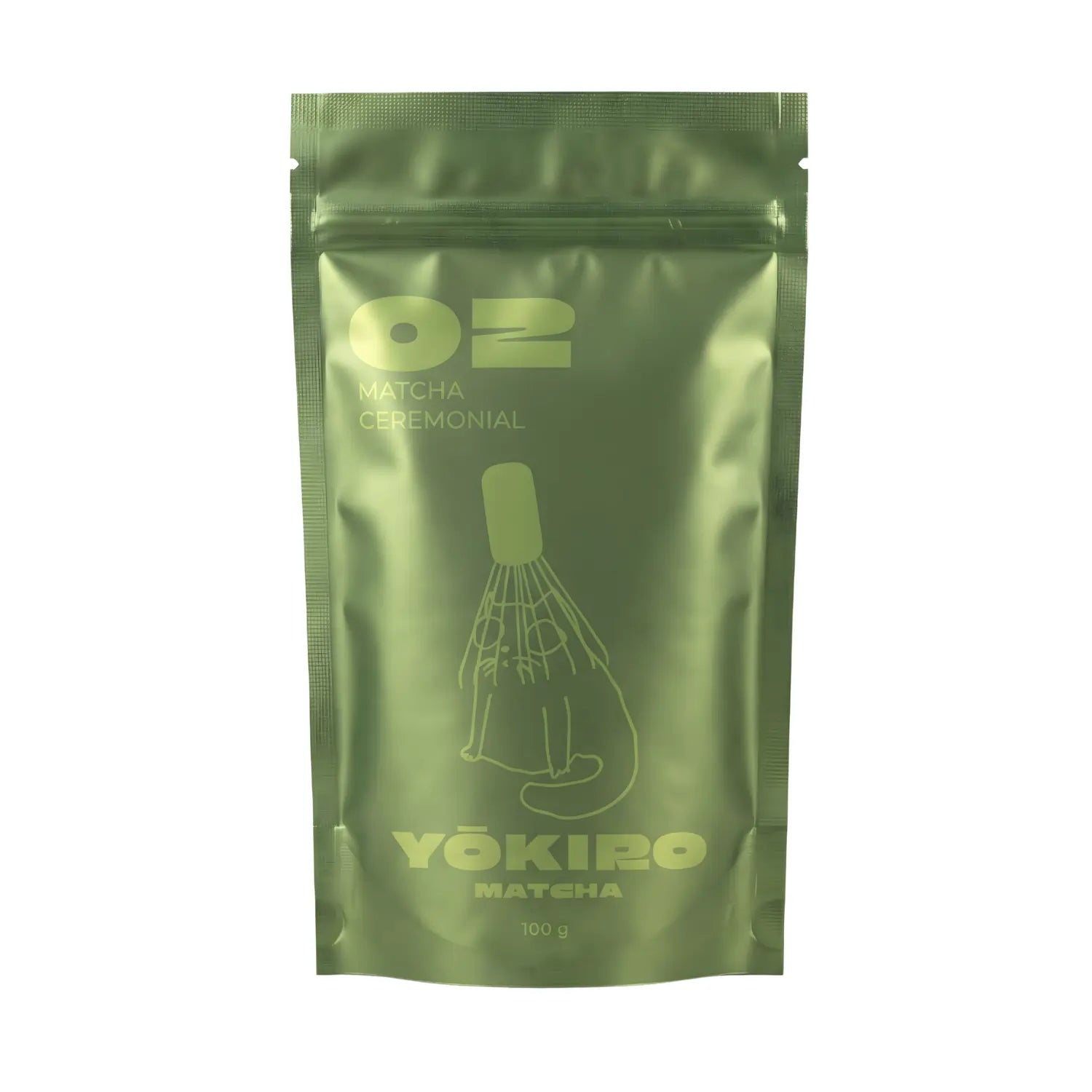 Matcha Ceremonial Yōkiro 100 g – ceremonialna japońska matcha w zielonym opakowaniu typu doypack z minimalistyczną ilustracją chasenu