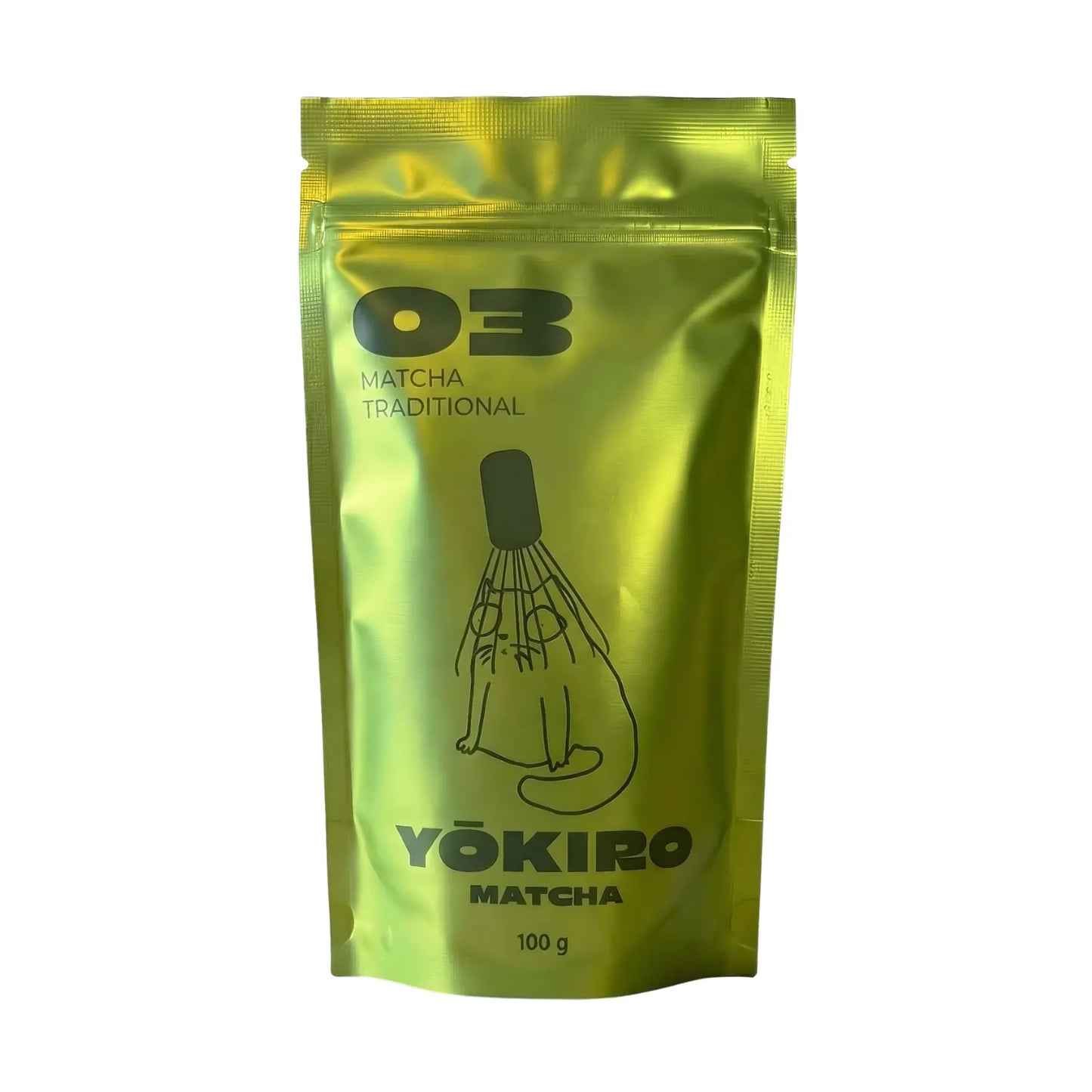Matcha Traditional Yōkiro 100 g – tradycyjna japońska matcha do codziennego użytku w zielonym opakowaniu typu doypack z ilustracją chasenu