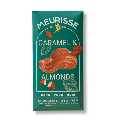tabliczka czekolady Meurisse Dark Caramel & Almonds 73% kakao w zielonym opakowaniu z ilustracją karmelu i migdałów
