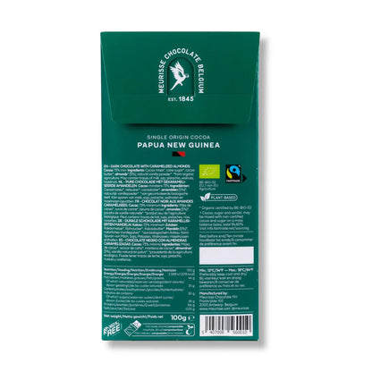 tylna etykieta czekolady Meurisse Caramel & Almonds z informacjami o składzie, wartościach odżywczych i certyfikatach BIO oraz Fairtrade