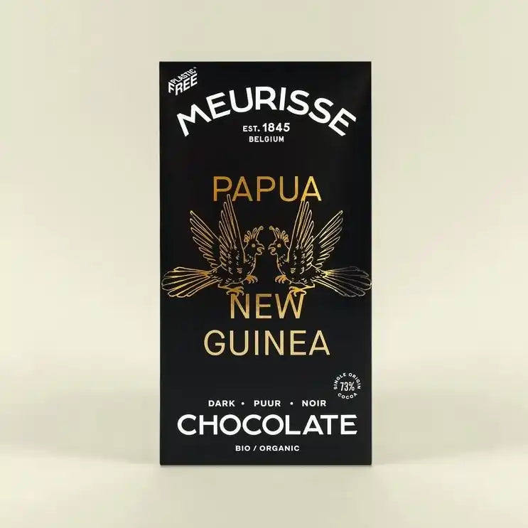 czekolada Meurisse Papua New Guinea 73% kakao w czarnym opakowaniu ze złotym nadrukiem dwóch ptaków
