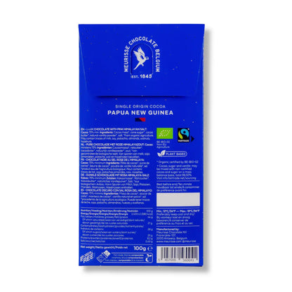 tylna etykieta czekolady Meurisse Himalayan Salt z informacjami o składzie, wartościach odżywczych i certyfikatach organicznych