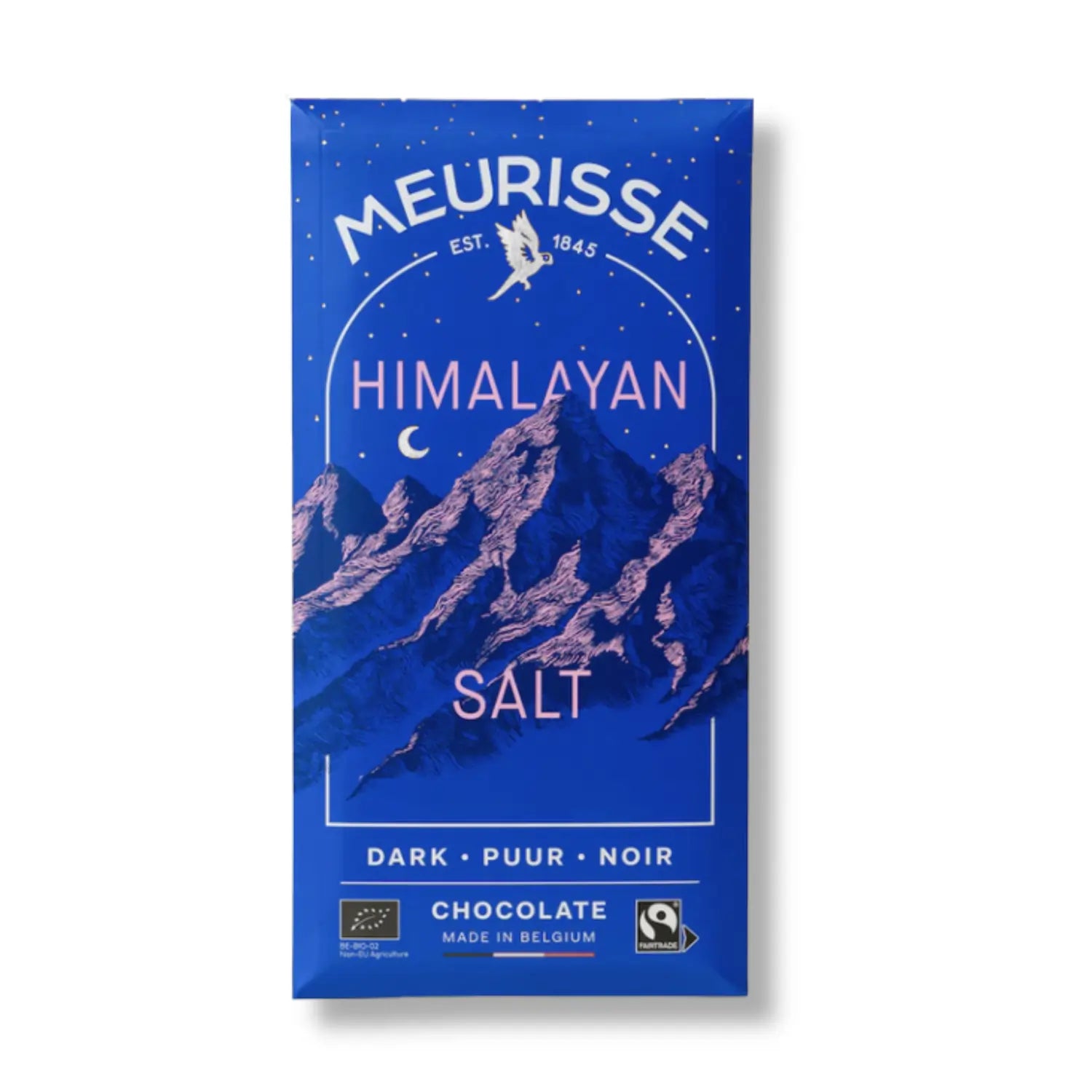 tabliczka czekolady Meurisse Dark Himalayan Salt 73% kakao w niebieskim opakowaniu z górskim motywem