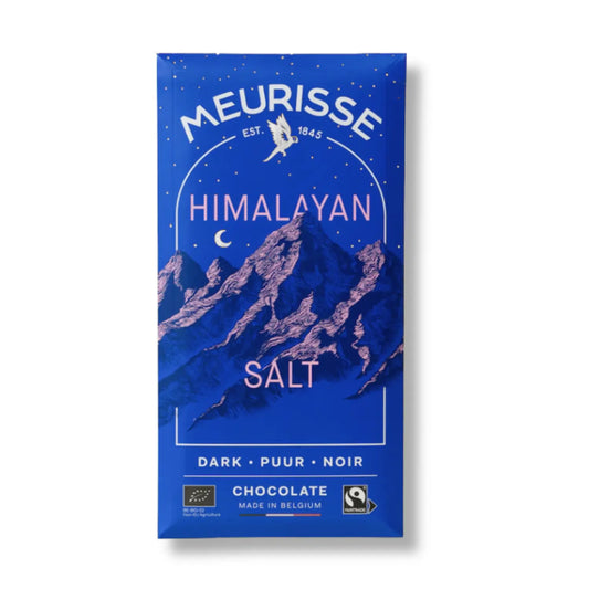 tabliczka czekolady Meurisse Dark Himalayan Salt 73% kakao w niebieskim opakowaniu z górskim motywem