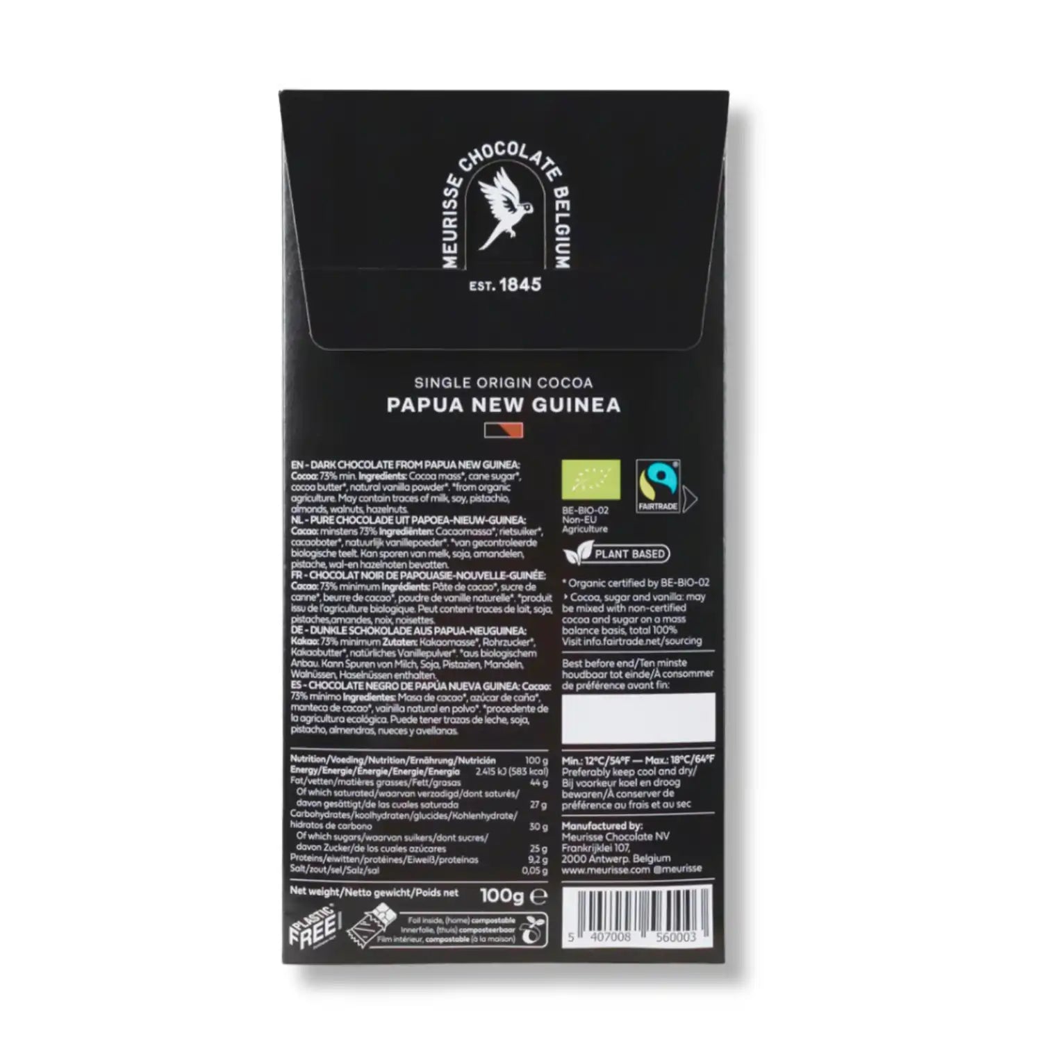 tylna etykieta czekolady Meurisse Papua New Guinea z informacjami o składzie, wartościach odżywczych i certyfikatach organicznych
