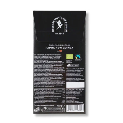 tylna etykieta czekolady Meurisse Papua New Guinea z informacjami o składzie, wartościach odżywczych i certyfikatach organicznych

