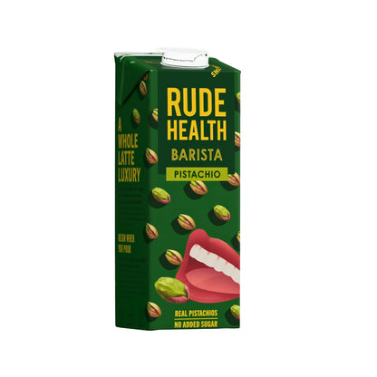 Napój roślinny Rude Health Barista Pistachio 1L w zielonym kartonie z grafiką pistacji i ust, bez dodatku cukru, idealny do kawy i latte art.