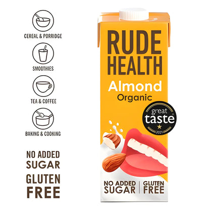 Napój roślinny Rude Health Almond Organic 1L – bez dodatku cukru, bezglutenowy, ekologiczny napój migdałowy idealny do kawy, smoothie i gotowania.