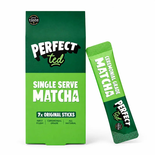 PerfectTed matcha original sticks 7x – single serve matcha, ceremonial grade, opakowanie + saszetka