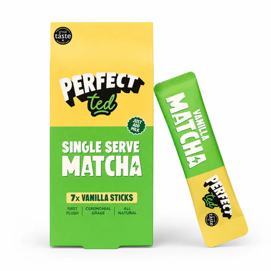 PerfectTed matcha vanilla sticks 7x – single serve matcha, vanilla flavour, ceremonial grade, opakowanie + saszetka