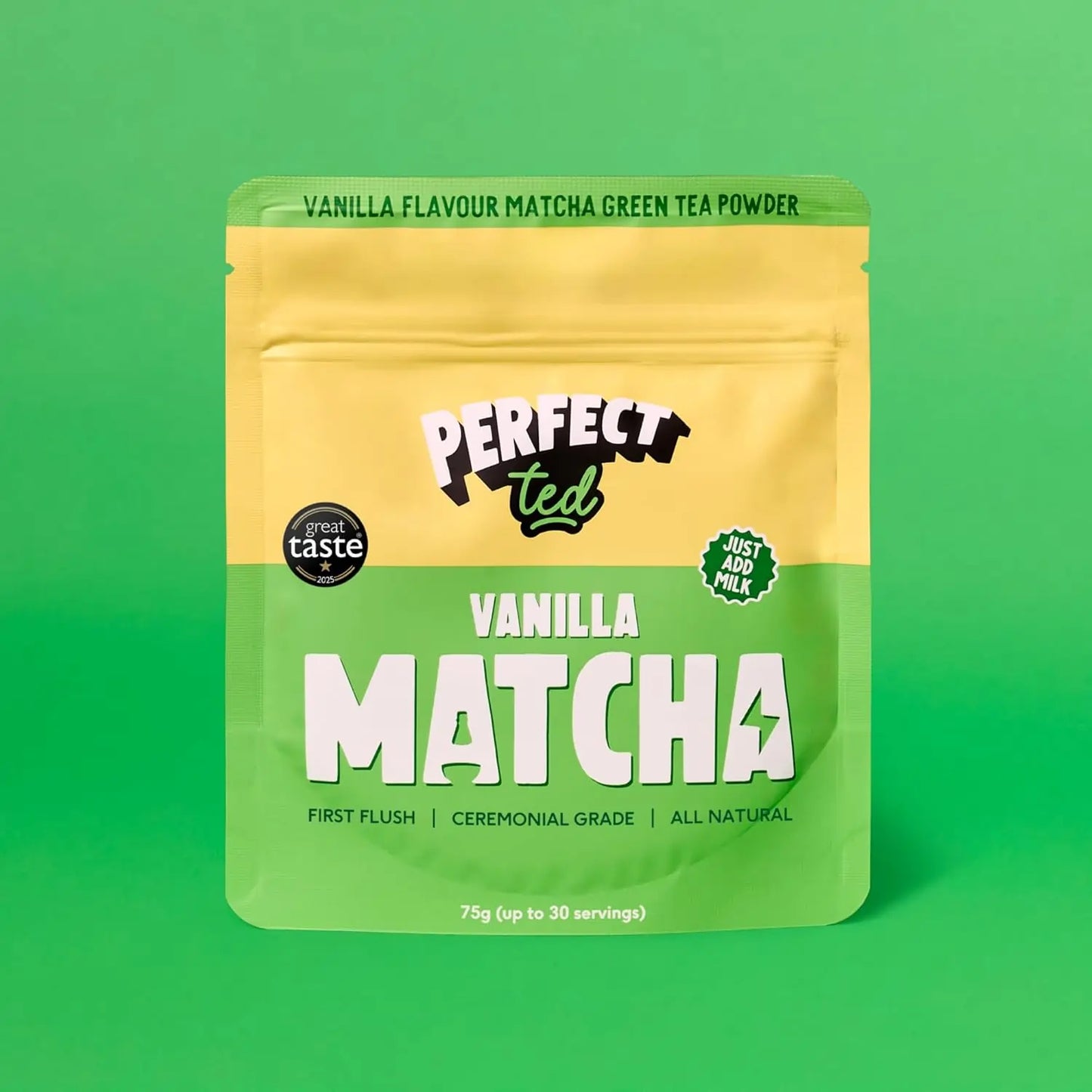 PerfectTed vanilla matcha 75g – matcha green tea powder vanilla flavour, ceremonial grade, opakowanie produktu na zielonym tle