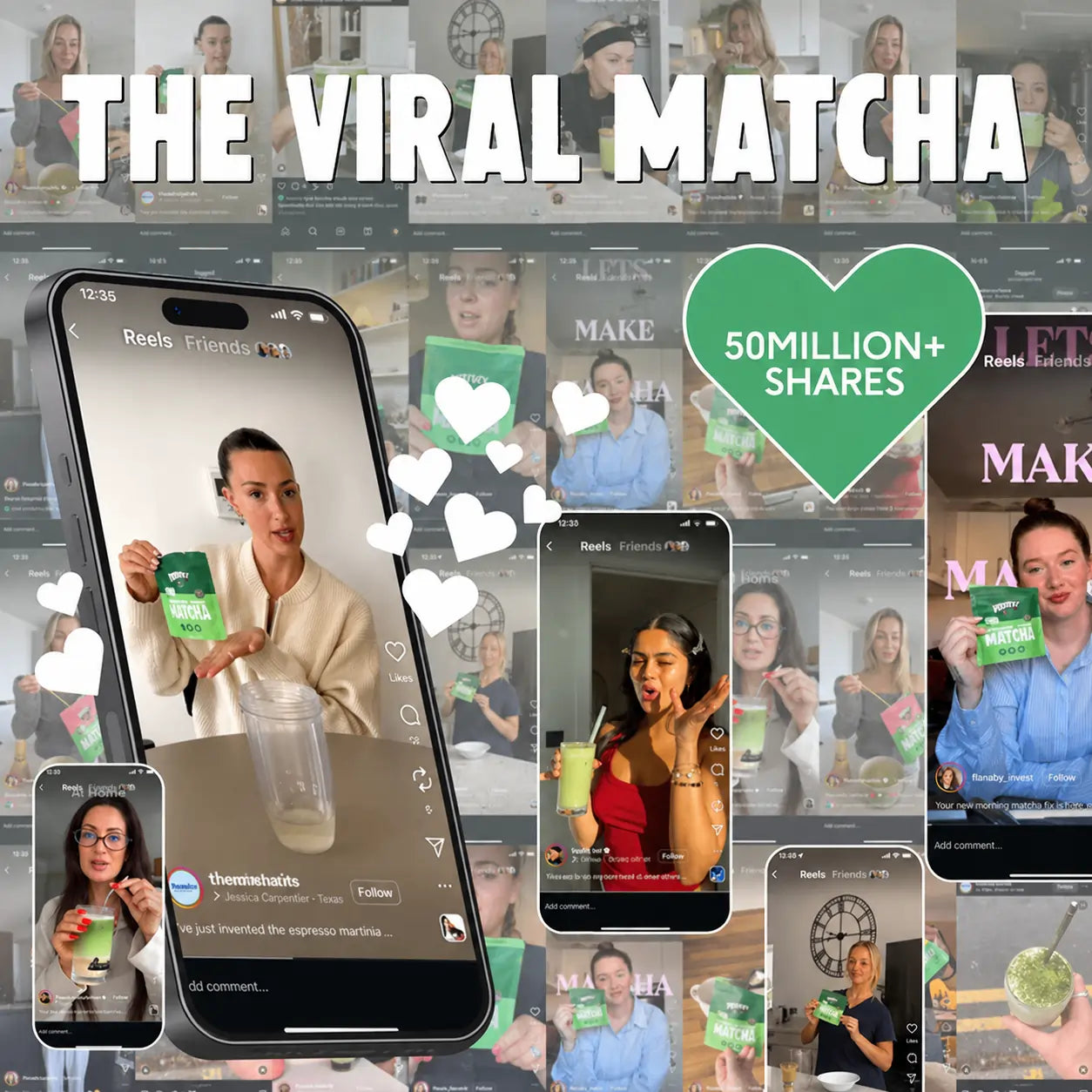 PerfectTed viral matcha w social media – grafika pokazująca popularność marki matcha i miliony udostępnień w mediach społecznościowych