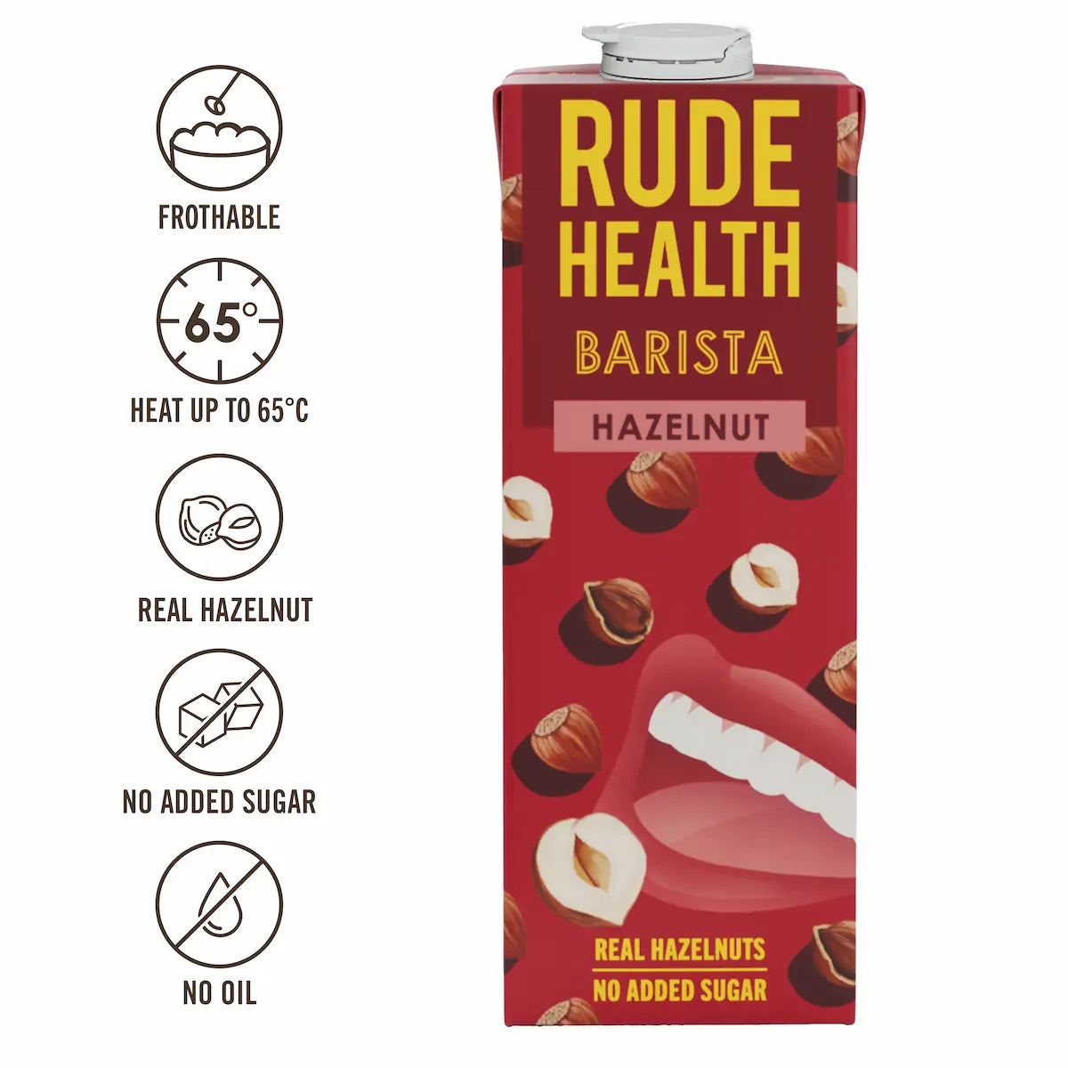 Napój roślinny Rude Health Barista Hazelnut 1L z ikonami przedstawiającymi jego właściwości: możliwość spieniania, podgrzewania do 65°C, prawdziwe orzechy laskowe, brak dodatku cukru i oleju.