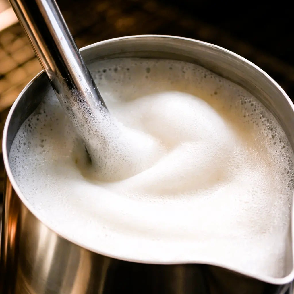Spienione mleko z mikrospieną w dzbanku baristycznym, przygotowanie mleka do kawy espresso i cappuccino