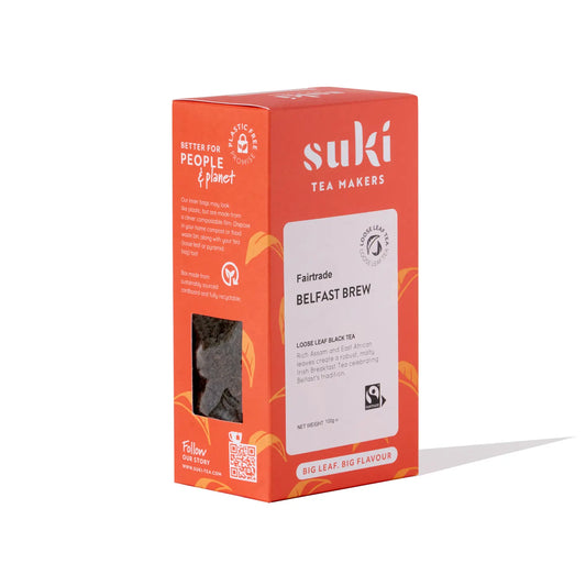 Suki Tea Belfast Brew – czarna herbata liściasta Fairtrade 100g, mocna mieszanka Assam i afrykańskich liści
