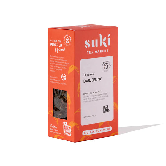 Herbata czarna liściasta Suki Tea Darjeeling Fairtrade 80 g – delikatna herbata z nutą muszkatołową, z wysokogórskich ogrodów.