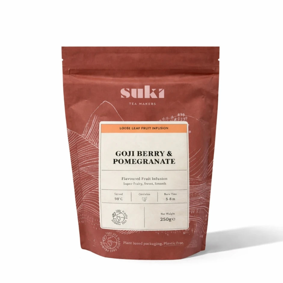 Herbata owocowa Suki Tea Goji Berry & Pomegranate 250 g – opakowanie herbaty liściastej na białym tle